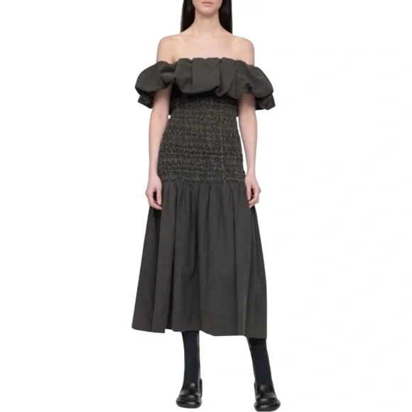 NWT Sea New York Juni Garment Dye Brown Smocked Bodice Off Shoulder Midi Dress - Picture 1 of 15